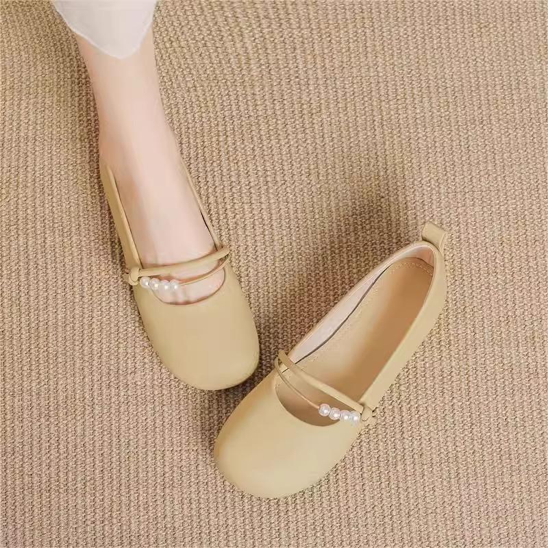 Flat-soled Women's Single Shoes, New Spring and Autumn Pearl Flat-soled Soft-soled Non-slip and Comfortable Women's Shoes