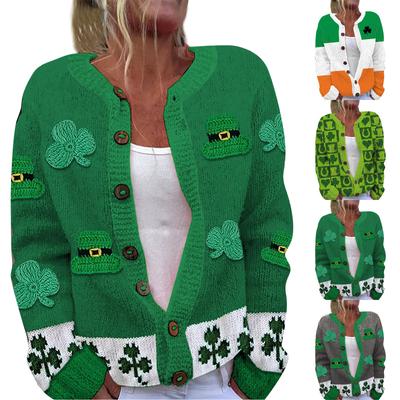 Kadın Modası St. Patrick Baskılı Uzun Kollu Örgü Hırka Düğmeli Ceket