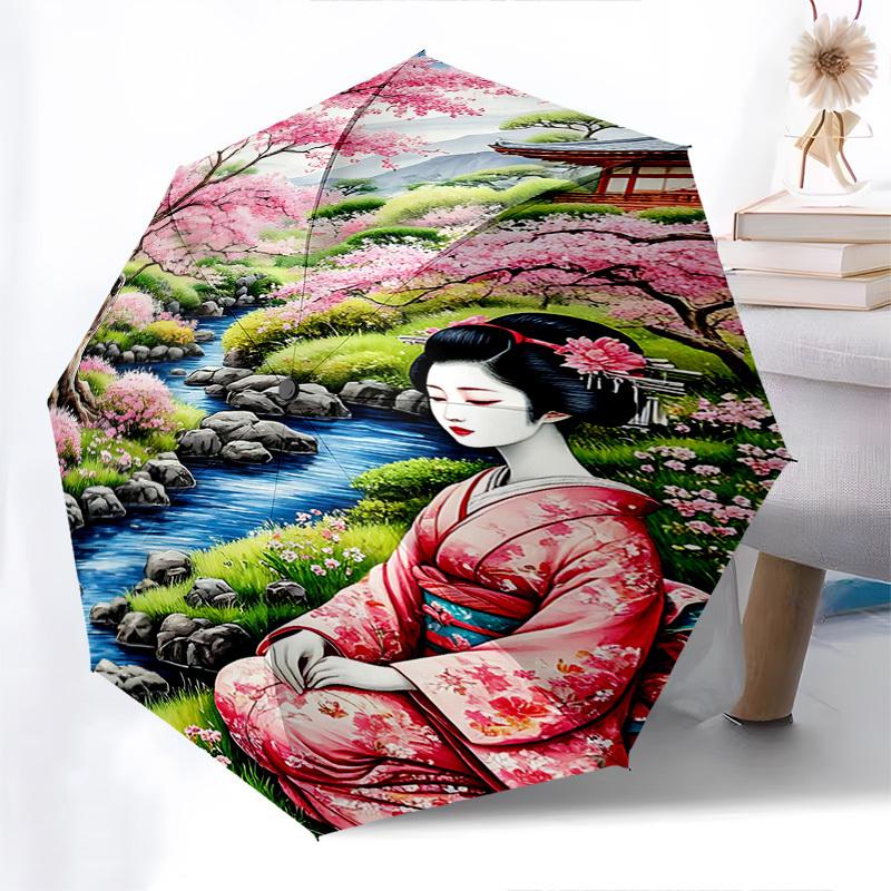 Cherry Blossom Garden, Traditional Kimono Themed Automatic Opening and Closing Umbrella, Brightly Colored 8 rib Portable Umbrella, Suitable
