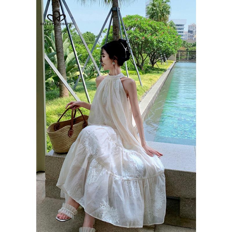 French Strapless Hanging Neck Dress Fairy Summer Princess Seaside Vacation Beach Long Dress Casual Style Dress