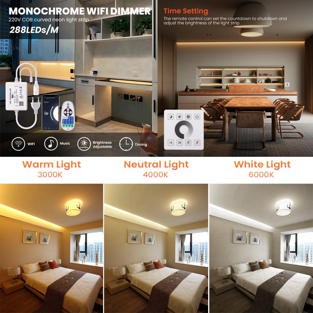 Tuya WIFI Bluetooth COB LED Strip 288leds/M EU 220V High Bright Neon Light RA90 Waterproof Garden Ribbon Tape Remote Control