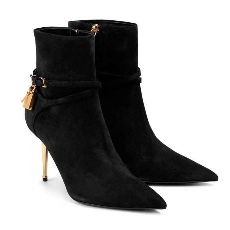 Módní Dámské Sexy Kovová Spona Dekorace Kotníkové Boty Podzim Zima Nové Zlatý Vysoký Podpatek Špičaté Přezka Pásku Módní Dlouhé Boty Velikost 34-43