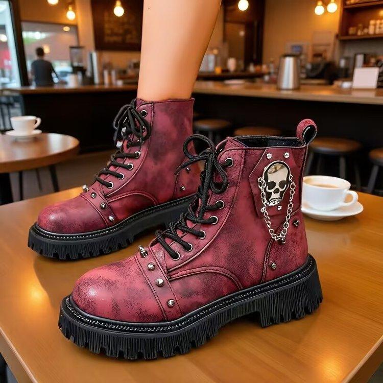 Punk enkellaarsjes voor dames met platformzool en gesp, vetersluiting, blokhak, metalen versiering, casual outdoorlaarzen maat 42 42 bruin