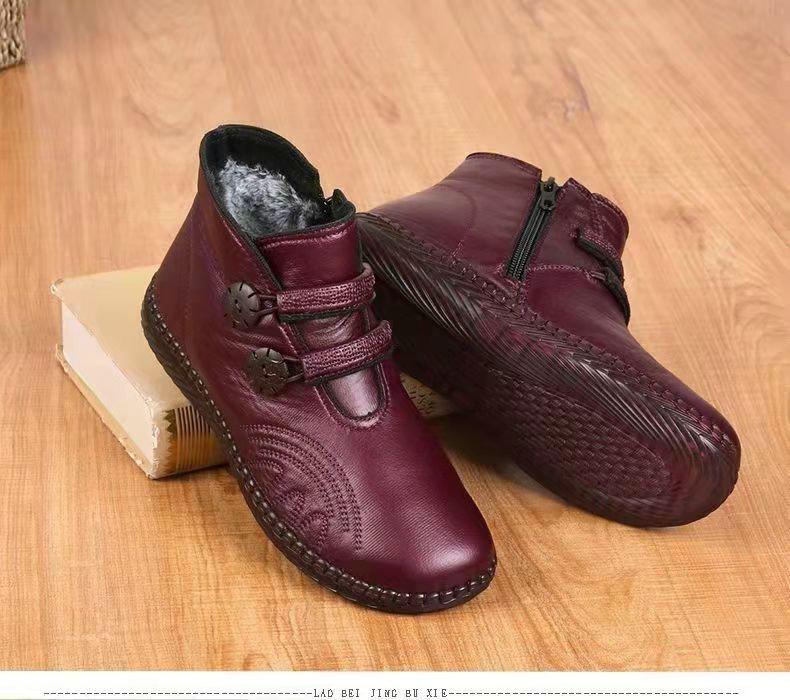 

Зимние женские нескользящие кожаные ботильоны на плюшевой подкладке - Теплые, удобные, на плоской подошве для мам и бабушек 40 вино красного