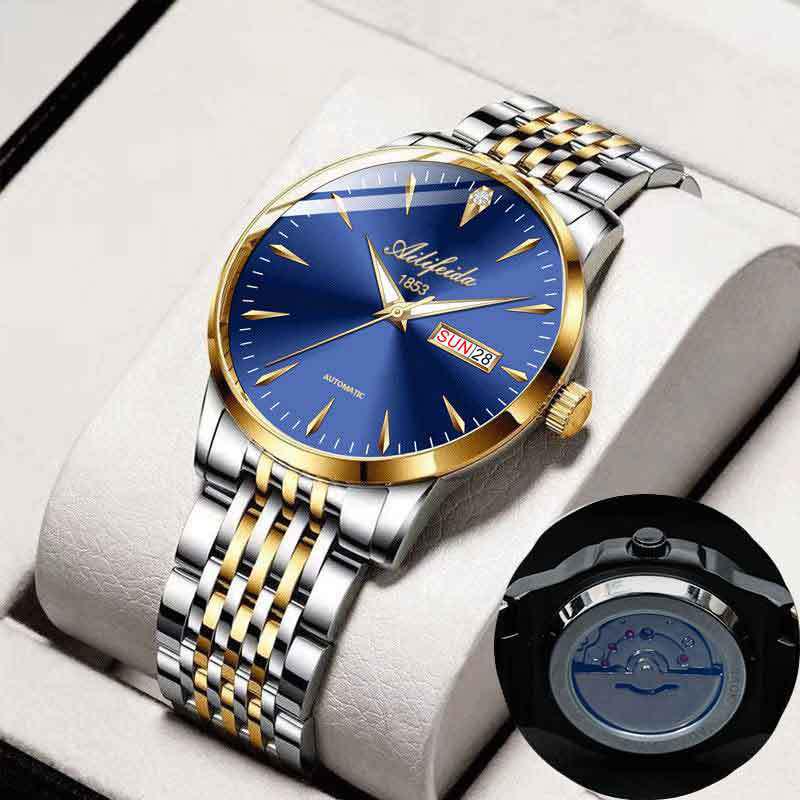 Aili Feida Men's Quartz Waterproof Watch with Hollow Back and Calendar Feature.
