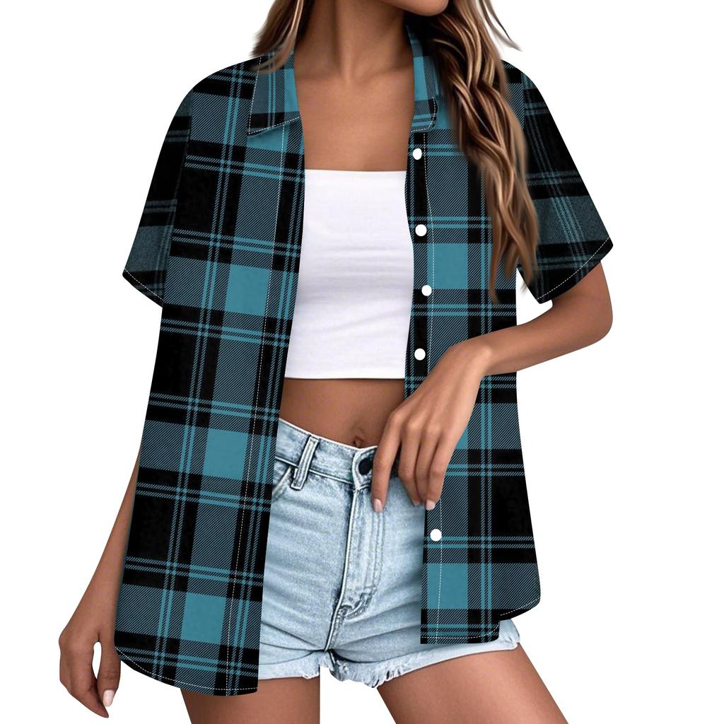 Women Casual Loose Fit Short Sleeve Button Down Collar Shirt Plaid Pattern Lightweight Summer Top