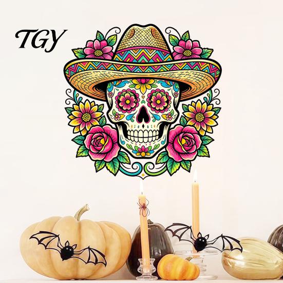 Décoration de Fête Latino-Américaine Fleur Crâne Sticker Mural, Décoratif Créatif Doux Décorations Cadeaux Autocollants du Jour des Morts, PVC Imperméable Amovible