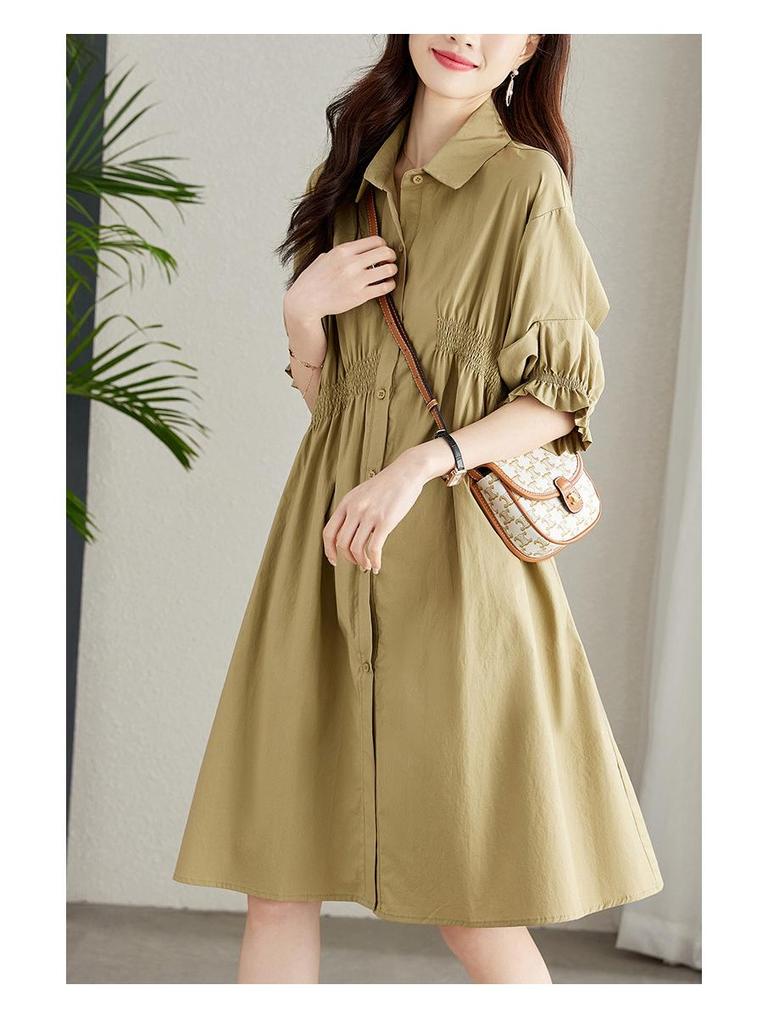 Women's Asymmetrical Pleated Shirt Dress with Waist-Slimming Design and Lantern Sleeves