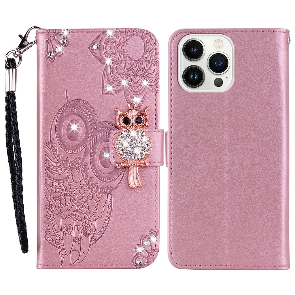 For iPhone 16 Pro Wallet Case Owl Flower Imprinted Rhinestone Leather Cover
