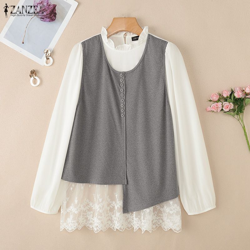 ZANZEA Women Casual Round Neck Long Sleeve Lace Splice Blouse