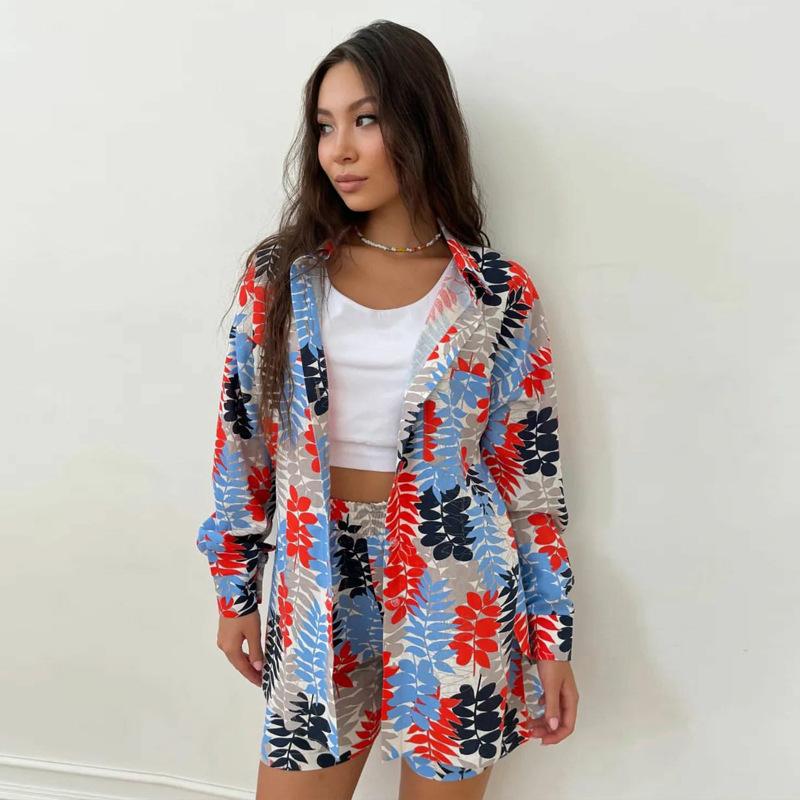 European and American Style Women's Spring and Autumn Casual Printed Long Sleeve Shirt and Shorts Two-Piece Set