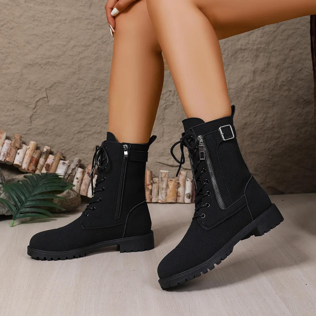 Mid-Calf Women Boots  Autumn/Winter Round-Toe Fashion Belt Buckle Black Side Zipper Fashion Botas Retro Women Shoes Platform