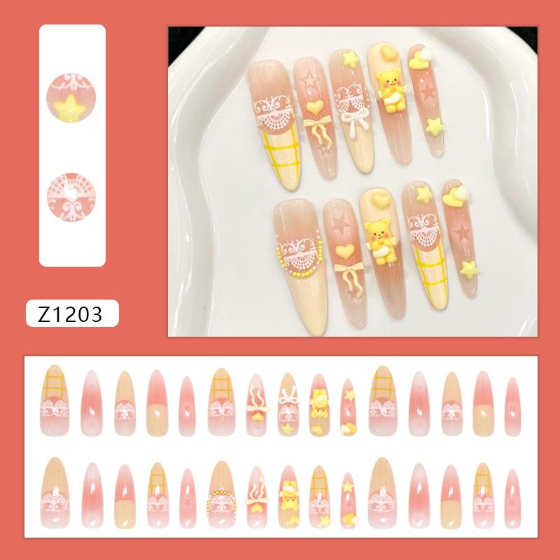 

Blush Checkered French Cream Bow Cartoon Bear Star Love ins Wind Removable Nail Art 30 pieces