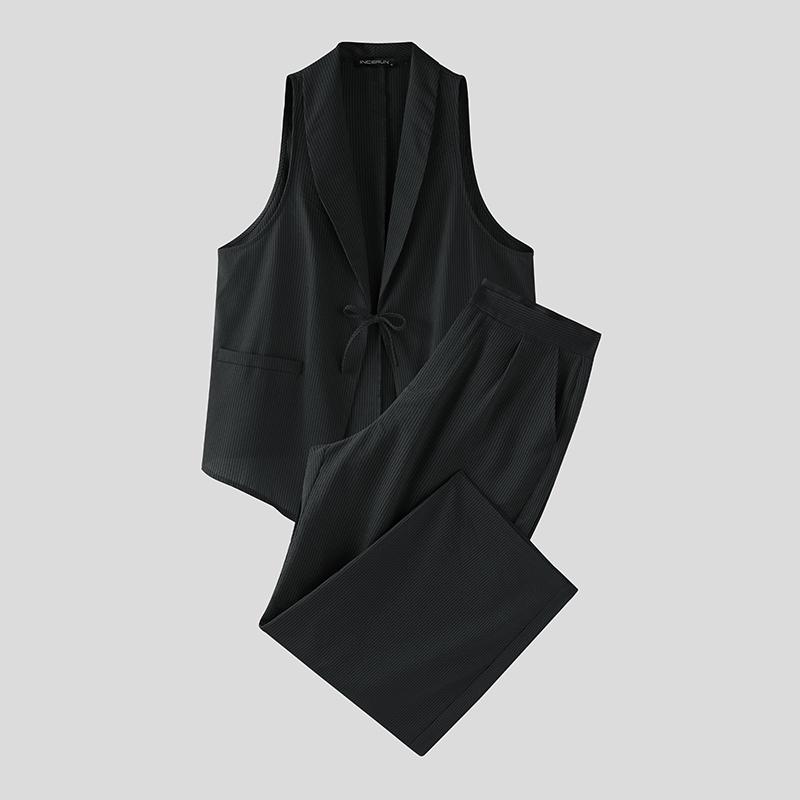 INCERUN Two Pieces Men Striped Sleeveless Vest and Zip-up Long Suit Pants Sets