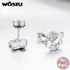 WOSTU 100% 925 Sterling Silver Footprints Tiny Stud Earrings For Women Small CZ Earrings