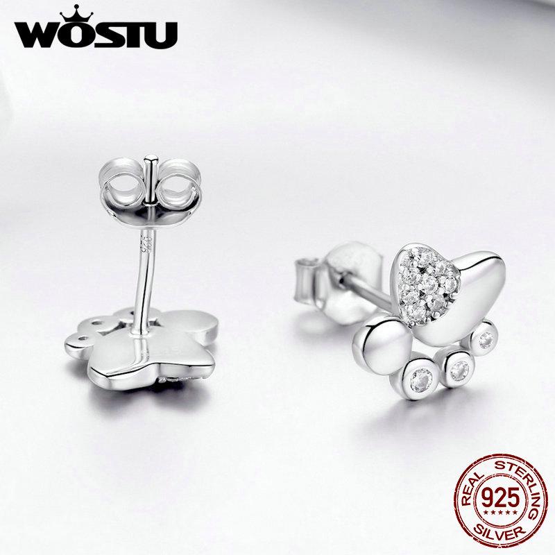 WOSTU 100% 925 Sterling Silver Footprints Tiny Stud Earrings For Women Small CZ Earrings