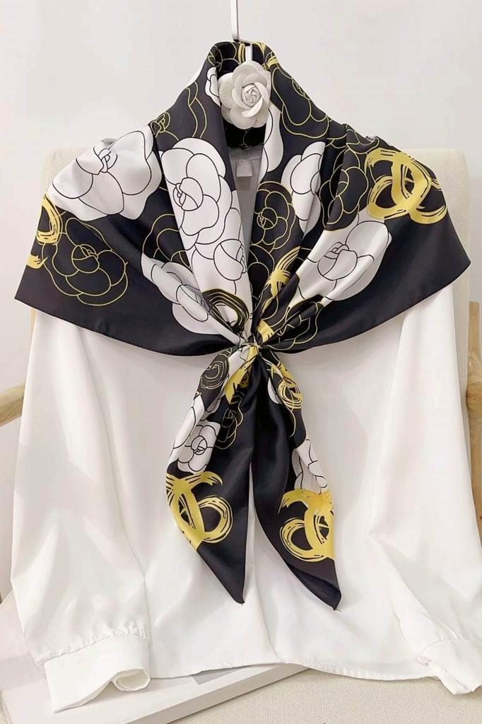 Scarf 90x90 Black with White and Yellow Flowers - Contrast and Modern Accent