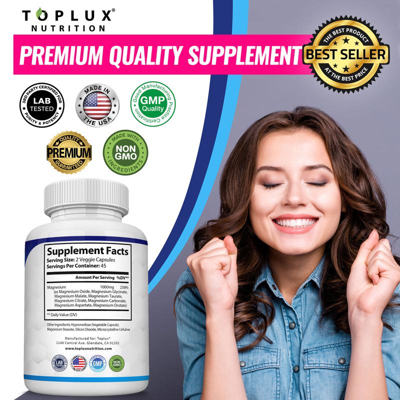 Magnesium Complex Supplement 8 Elemental 1000mg - Taurate, Chelated for Easy Absorption for Bones, Muscle, Recovery, Energy, Vegan Non-GMO 90 Capsules