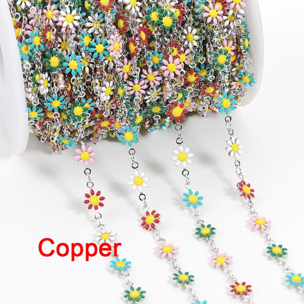 1Meter 7mm Stainless Steel Chain Enamel Daisy Flower KC Gold Color Beaded Chains for DIY Jewelry Making Necklace Bracelet