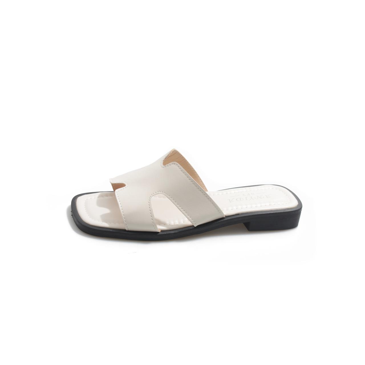 

Корейские тапочки женские новые квадратные с плоской подошвой пляжная мода летом 2025 года одно слово перетаскивание на улице ношение классных тапочек 35 бежевый