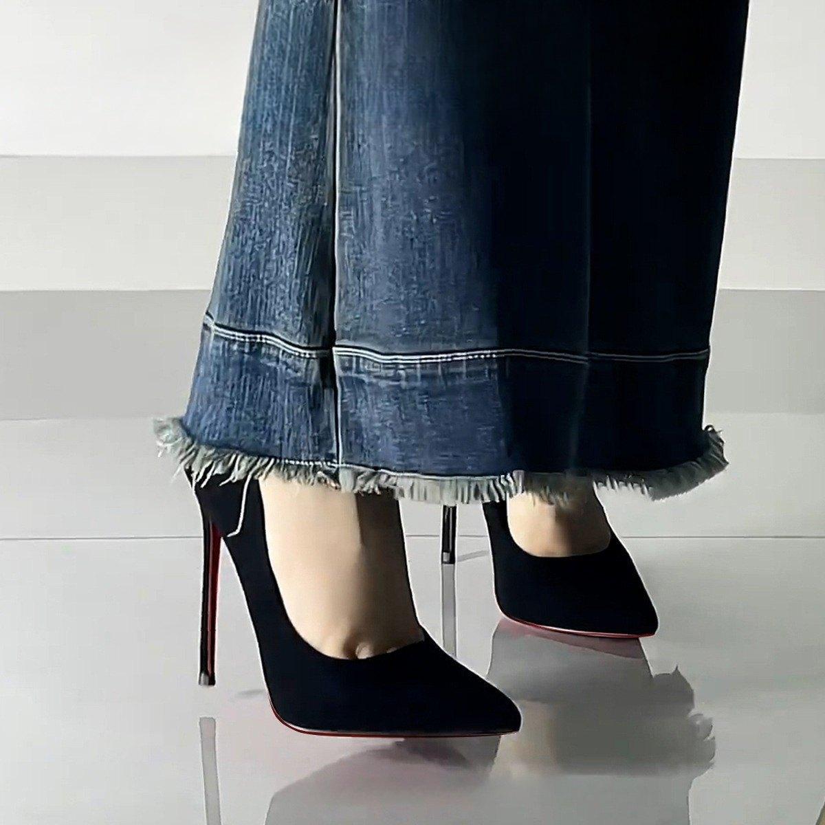 

Черные туфли на высоком каблуке с красной подошвой женские тонкие каблуки осенне-зимний темперамент сексуальные остроносые замшевые профессиональные туфли-лодочки 34