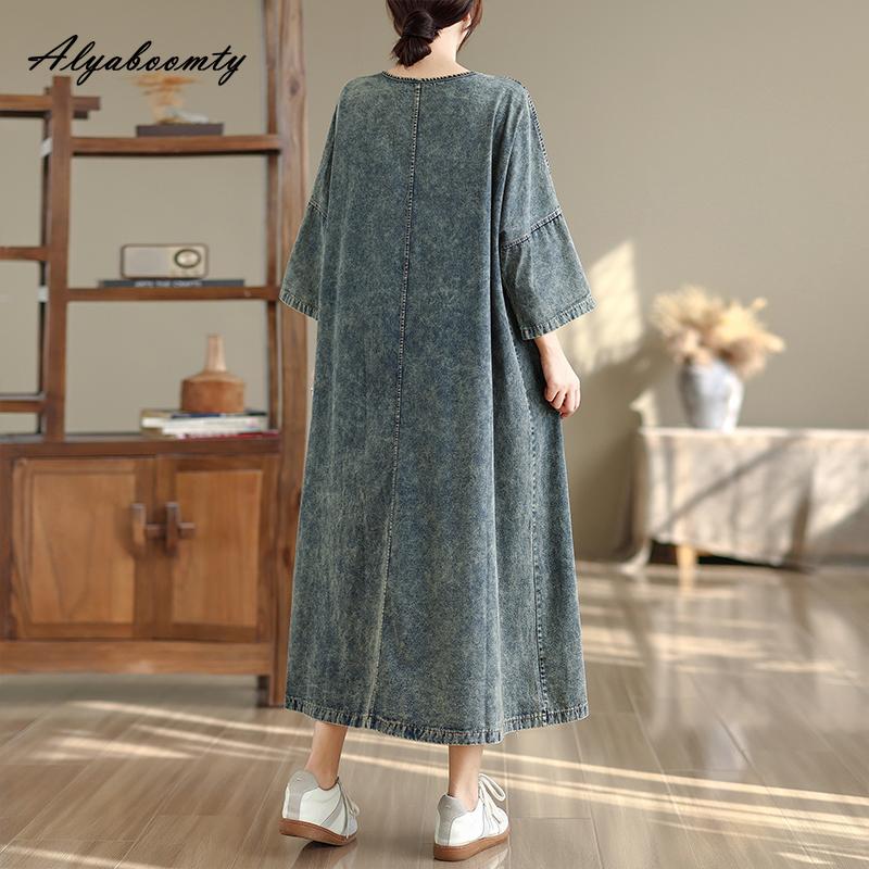 2026 Vintage Style Spring Summer Women Large Size Midi Dress Casual Loose Oversized Brief Denim Dress 3/4 Sleeve Babby Ladies' Dress