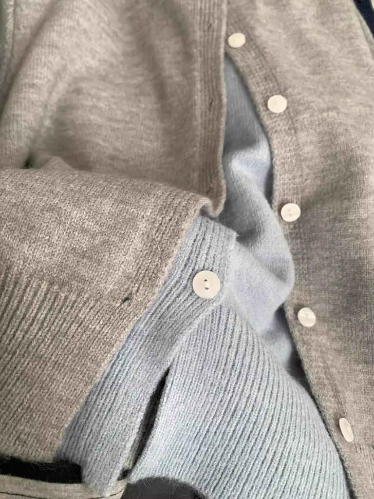 Korean Style Grey Knit Color Block Cardigan Jacket - Women's Lazy Autumn Chic Two-Piece Sweater Top