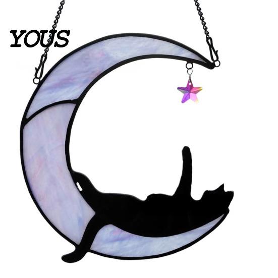 Decorative Hanging Ornament Acrylic Cat Pendant with Chain, Animal for Window Crescent Wall Decor, Cute Lover Gift Home Room Decoration Light