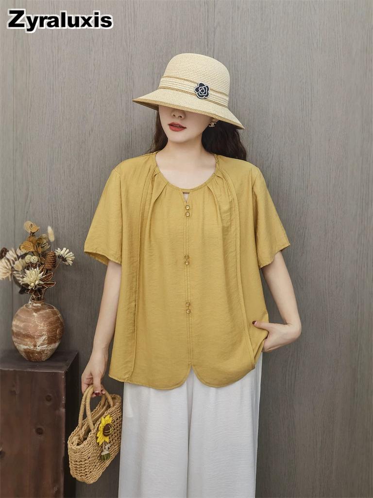 Summer New Modal Cotton Linen Loose Oversized V-Neck Sweatshirt Shirt Women's T-Shirt