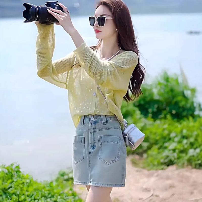 Ice Silk High-end Sequin Knitted Cardigan Women's Summer New Hollow Tulle Sunscreen Outerwear Blouse Top