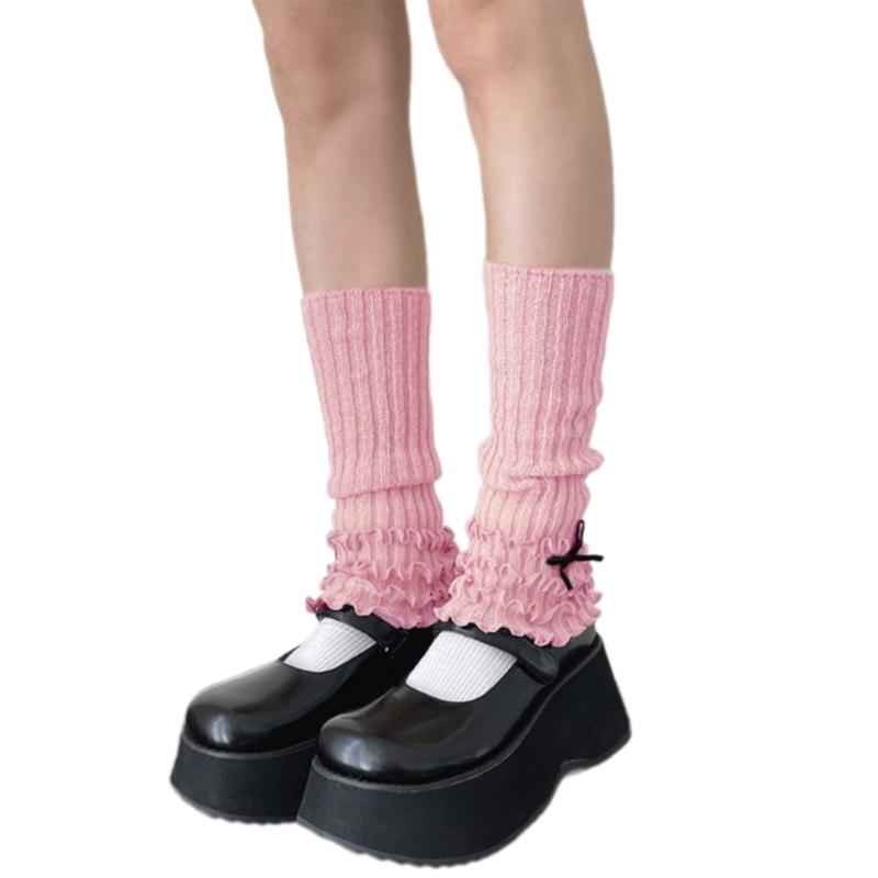 Ribbed Knit Boot Cuffs Footless Socks with Elegant Bows Designs for Women Layered Ruffle Edge Leg Warmers Streetwear