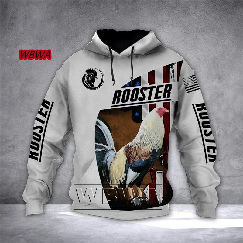 Krásná unisexová luxusní mikina s kapucí s celoplošným 3D potiskem kohouta, pánská mikina, pulovr, ležérní bunda Harajuku, tepláková souprava