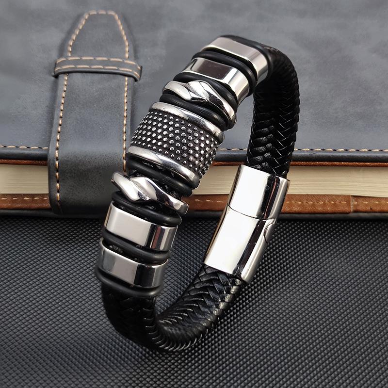 Punk Men Bracelet Leather Bracelet Stainless Steel Clasp Magnet Atmosphere Trendy Bracelet Brangle Jewelry for Men Sales