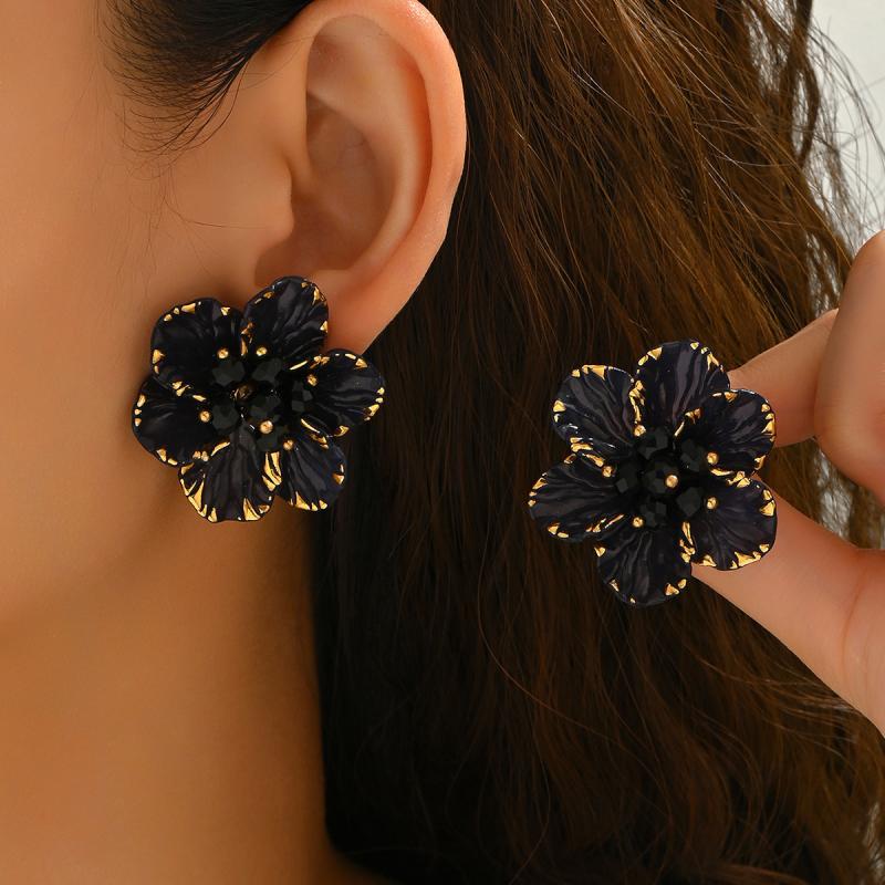 Elegant Black Flower Stud Earrings for Women Vintage Colorful Crystal Acrylic Petal Earrings Wedding Party Jewelry Accessories