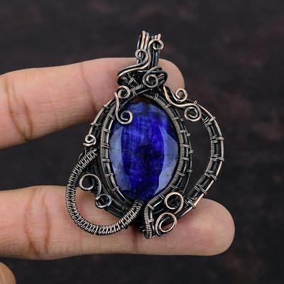 Faceted Blue Sapphire Pendant Copper Wire Wrapped Gemstone Jewelry Handmade Copper Pendant Women Pendant Wire Wrapping Jewelry Gift For Mom