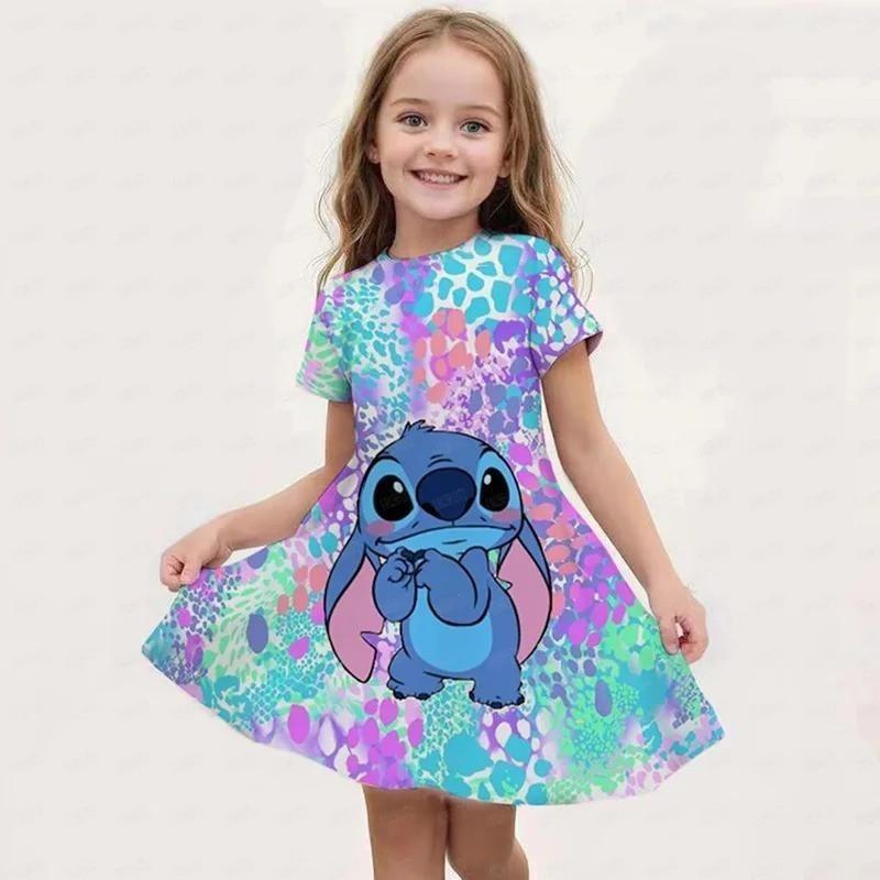 Disney Summer Girls Cute Cartoon Stitch Printed Dress Fashion One-piece Dress Kids Daily Casual Short Sleeve Clothing Outfit