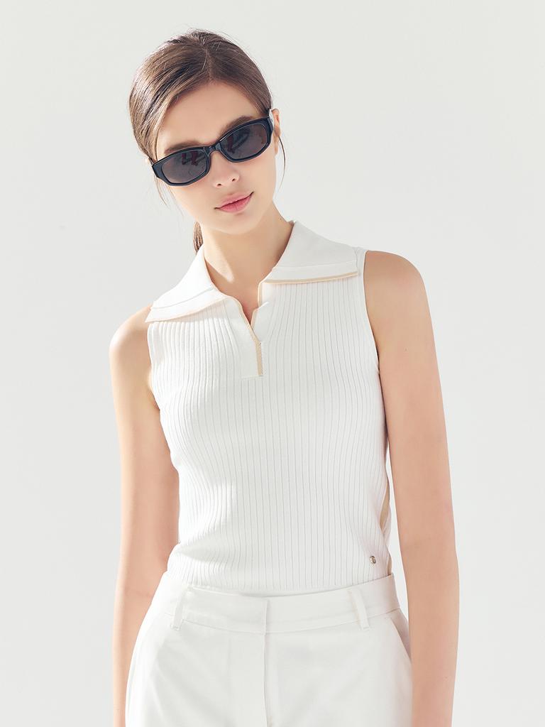 LORDLOAR Ribbed Contrast Collar Sleeveless Knit White