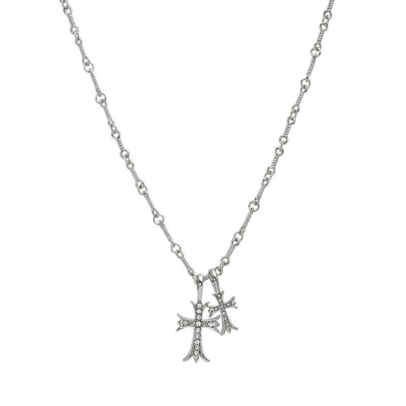 Trendy Double Cross Inlaid Diamond Clavicle Necklace – Vintage Distressed Chain, American Hip-Hop Style.
