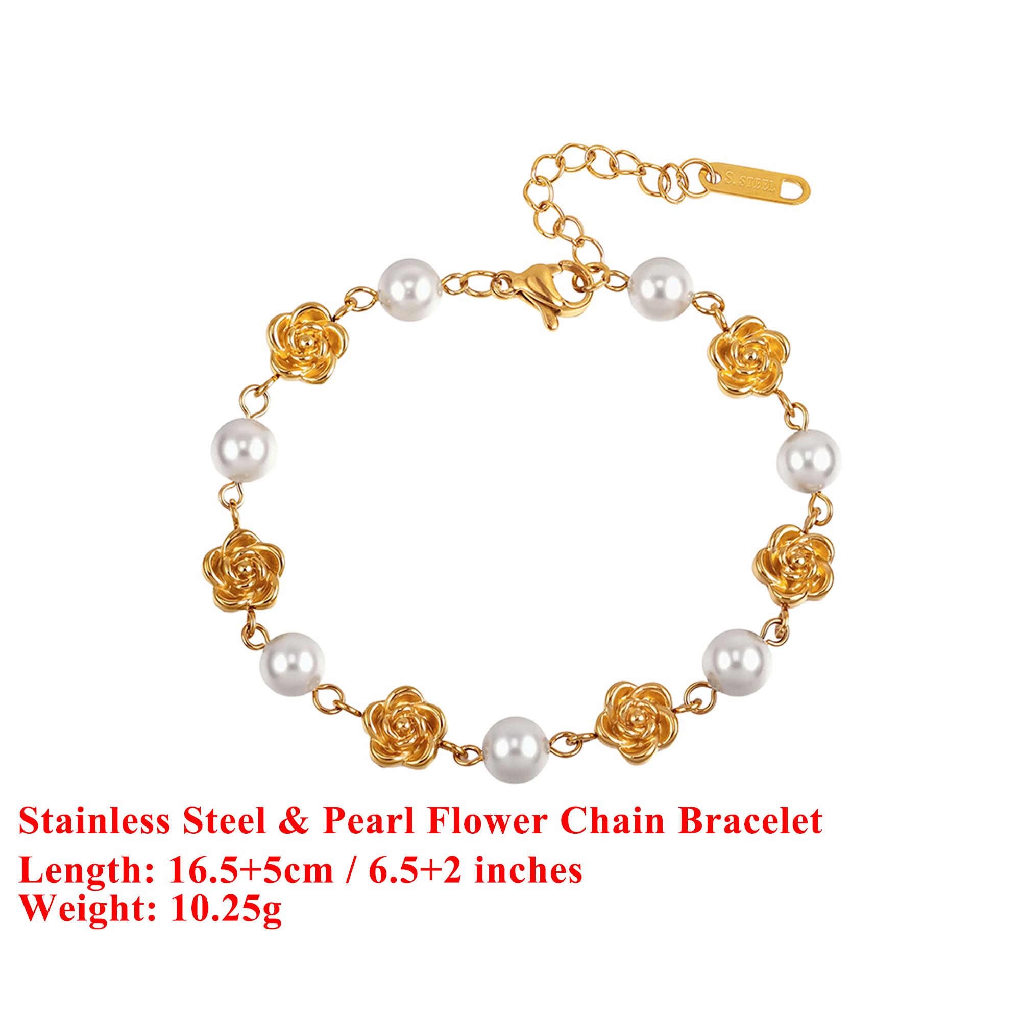 

EFFIE QUEEN Stainless Steel 18k Gold Flower Style Round Pearl Chain Bracelet Trendy Jewelry for Women, Men Wedding Party STPB03