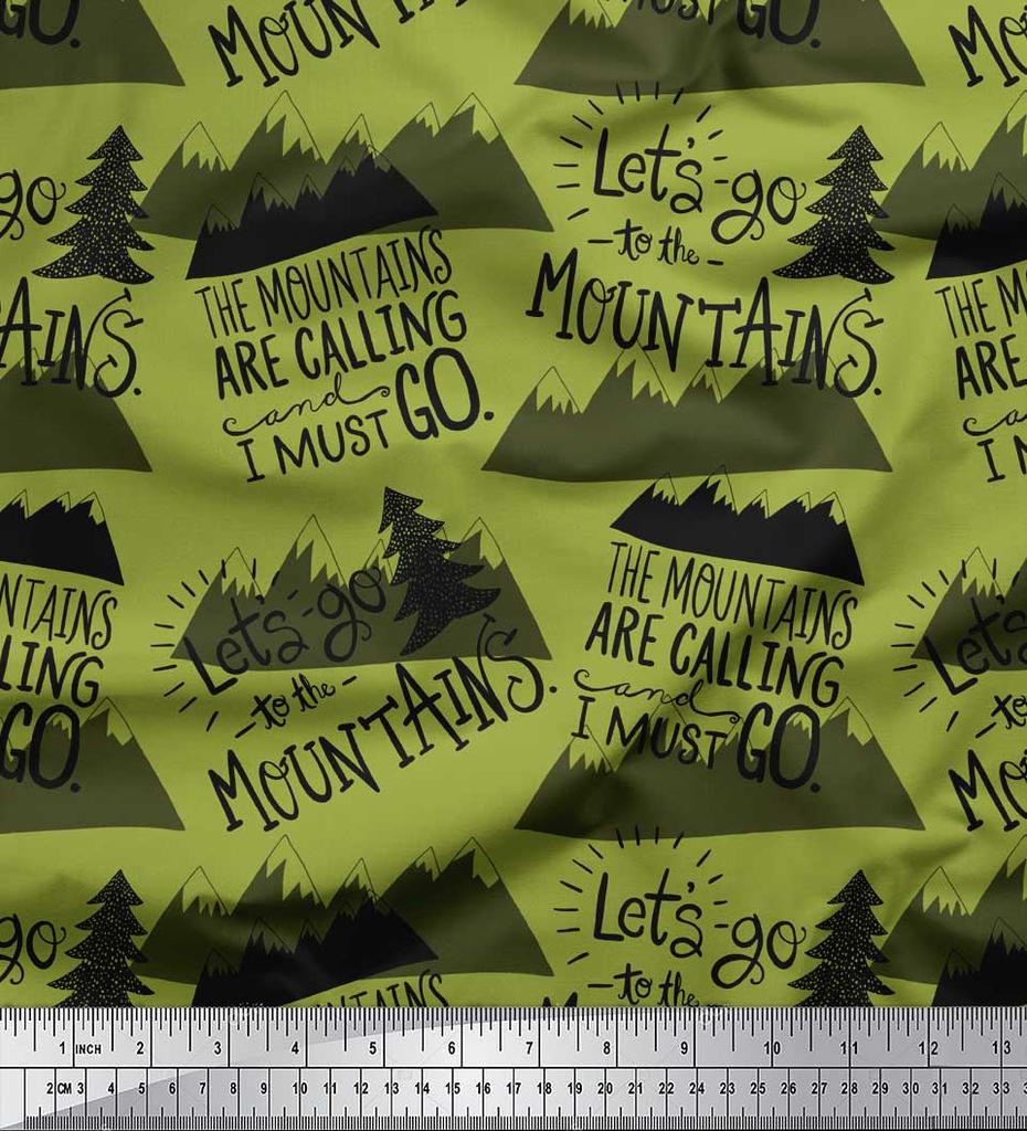 Soimoi Green Japan Crepe Satin Fabric Mountains & Text Printed Fabric 1 metre 42 Inch