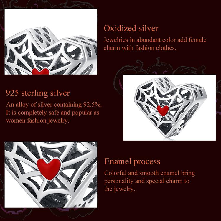 WOSTU Retro Spider Web Pattern Hollow Heart 925 Sterling Silver Charm Beads Fit Bracelet Bangle Fine Jewelry