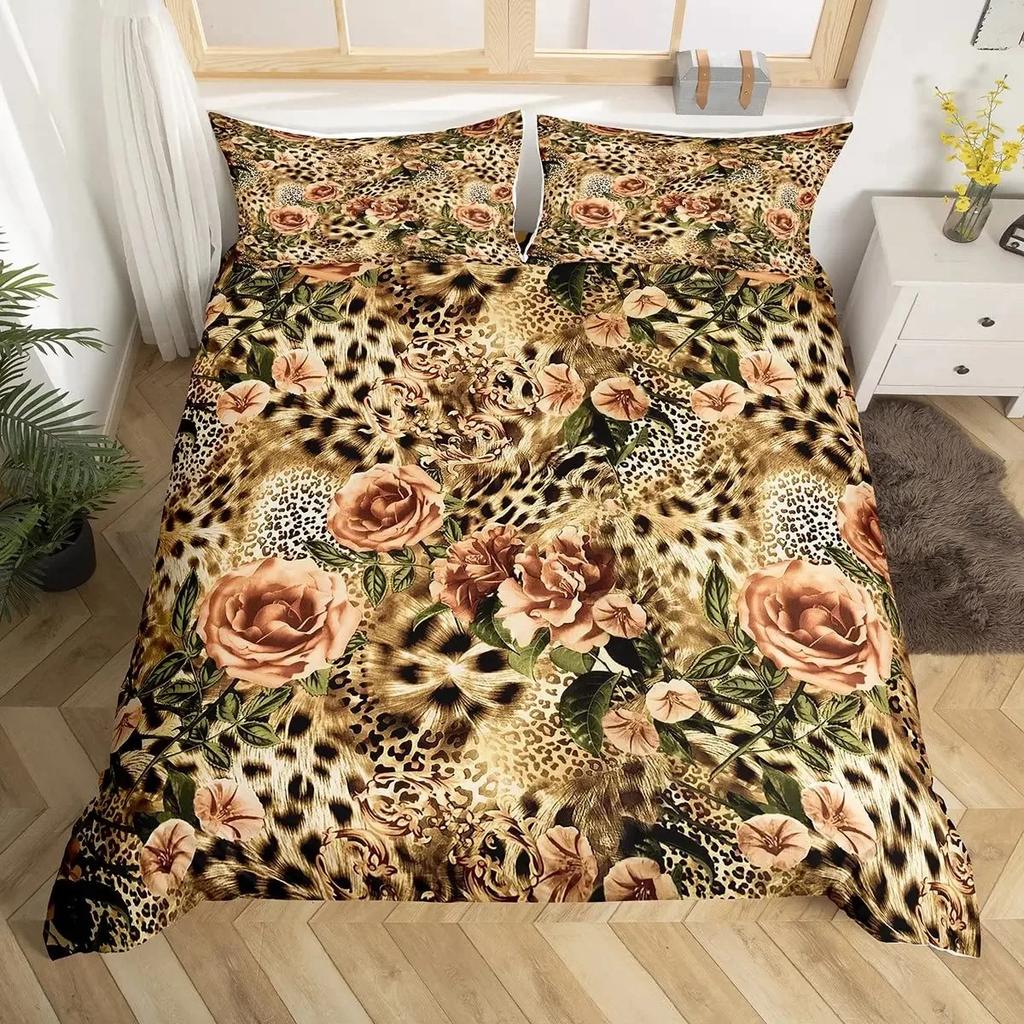 Leopard Duvet Cover Set Red Rose Bedding Sets Safari Animals Print Comforter Cover Rose Flowers Cheetah Quilt Cover King Size