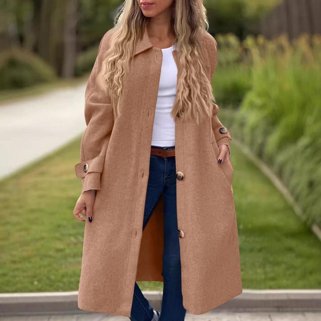 Damen Casual Fashion Solid Color Mantel Revers Langarm Anzug Kragen Button Down Wolljacke