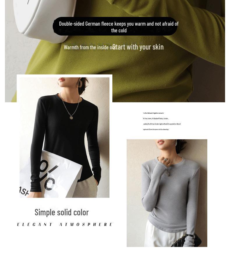 2024 Korean Style Women's Slim Round Neck Velvet T-Shirt, Thick Long-Sleeve for Autumn/Winter