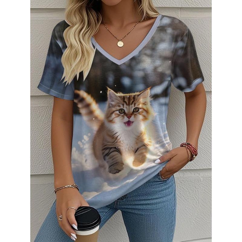 Women's summer casual V-neck short-sleeved T-shirt, with fashionable 3D print, suitable for outings or at home