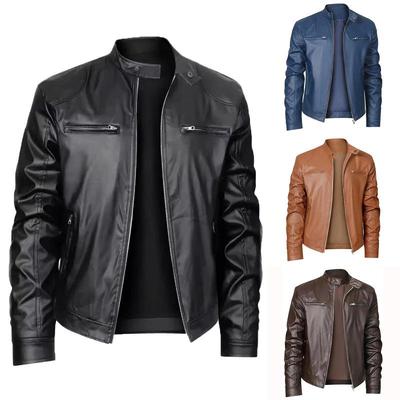 2024 Men's Slim Fit Leather Motorcycle Jacket with Stand-Up Collar and Zipper Pockets