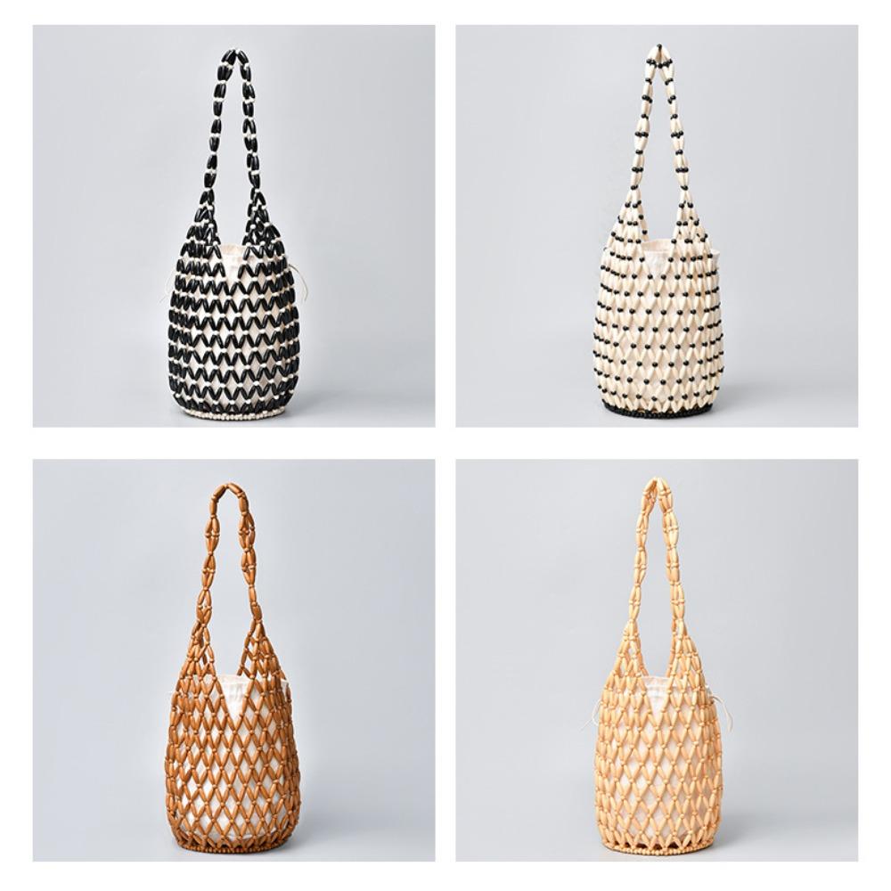 Elegant Bohemian Woven Hand Bag Female Style Handmade Wooden Bead Tote Exquisite Design Bucket Shoulder Bag Female Fashion