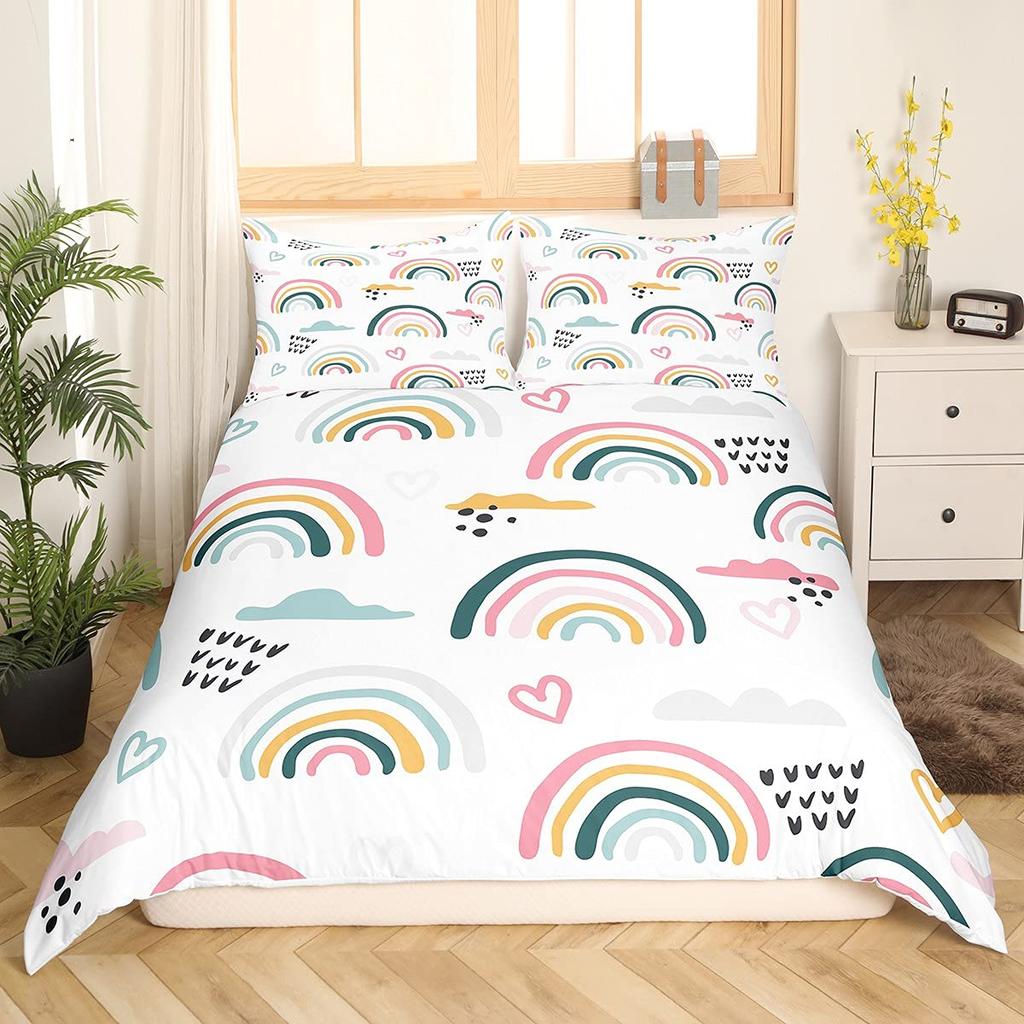 Cartoon Rainbow King Queen Duvet Cover Kids Girls Colorful Clouds Bedding Set Love Heart Comforter Cover Polyester Quilt Cover