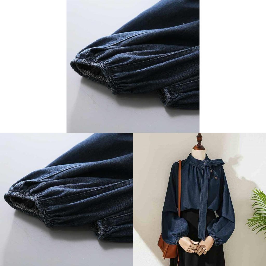 Designer Bowknot Denim Shirt With 3d Pattern And Lantern Sleeves For Spring Casual Wear