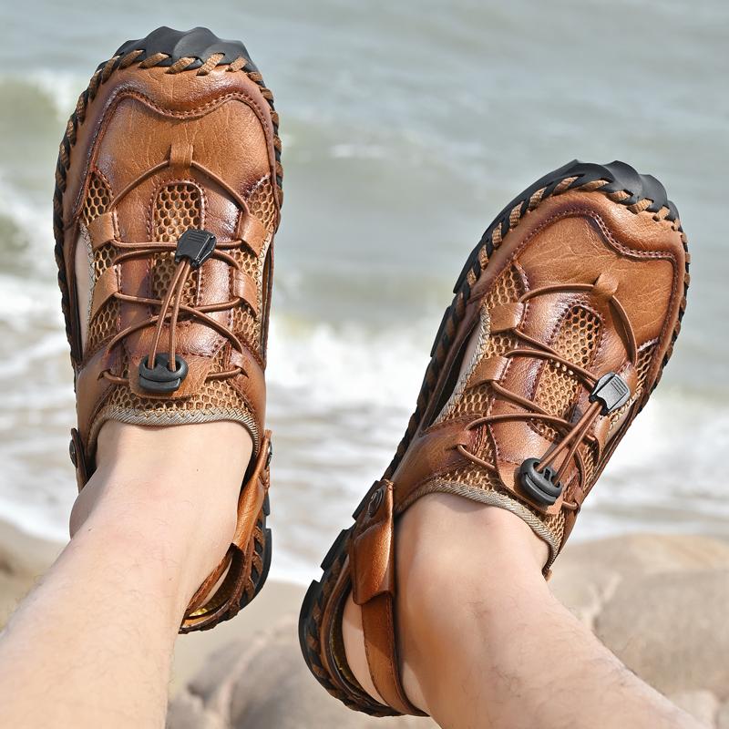 British Style Summer Sandals Handmade Soles Men's Leather Camping Shoes Classic Brown Men's Beach Casual Shoes Big Size 38-48